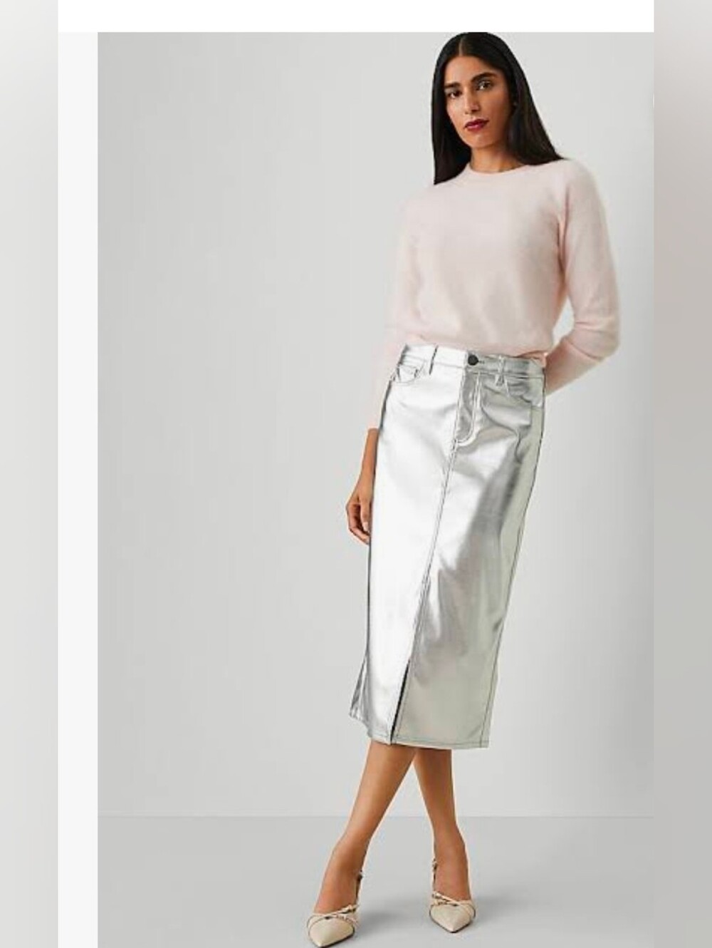 Ann Taylor Silver Metallic Vegan Leather Midi Skirt with Front Slit